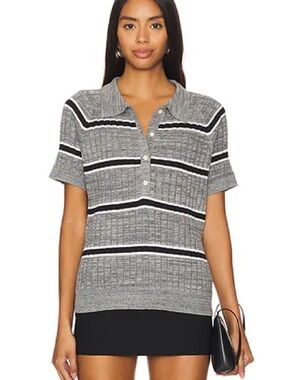 The GREAT. x revolve The Classic Polo Sweater in Heather Grey Stripe knit Top